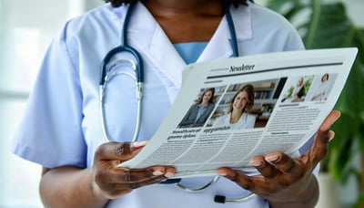 Healthcare professionals reading a newsletter on a tablet