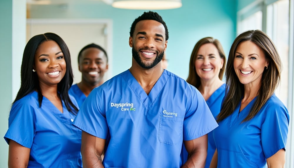 Smiling healthcare professionals in scrubs representing Dayspring Care INC